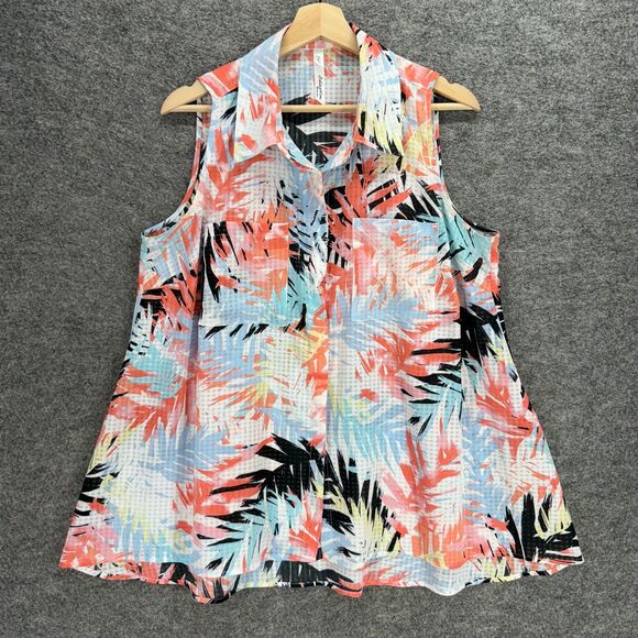 NY Collection Shirt Women M Medium Blue Floral Button Up Collared Sleeveless - Picture 1 of 7